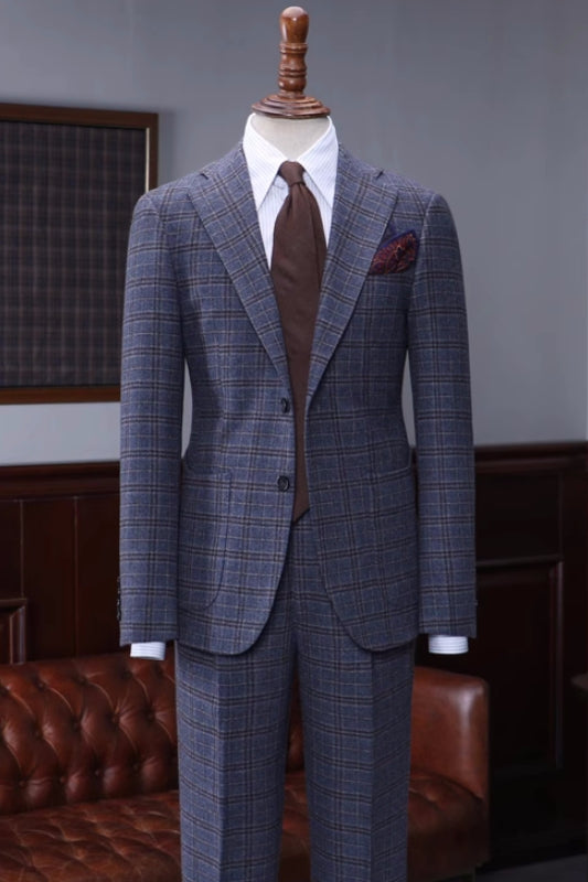 Dark Blue Plaid Notched Lapel Business Suit