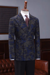 Navy Blue Double-Breasted Jacquard Prom Suit