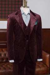 Burgundy Velvet Three-Piece Notched Lapel Prom Suit