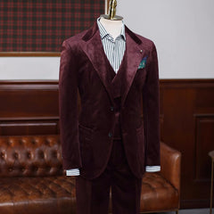 Burgundy Velvet Three-Piece Notched Lapel Prom Suit