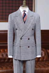 Gentle Gray Plaid Peaked Lapel Double Breasted Business Suit