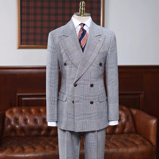 Gentle Gray Plaid Peaked Lapel Double Breasted Business Suit