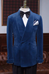 Charming Navy Blue Shawl Lapel Double Breasted Velvet Wedding Suit