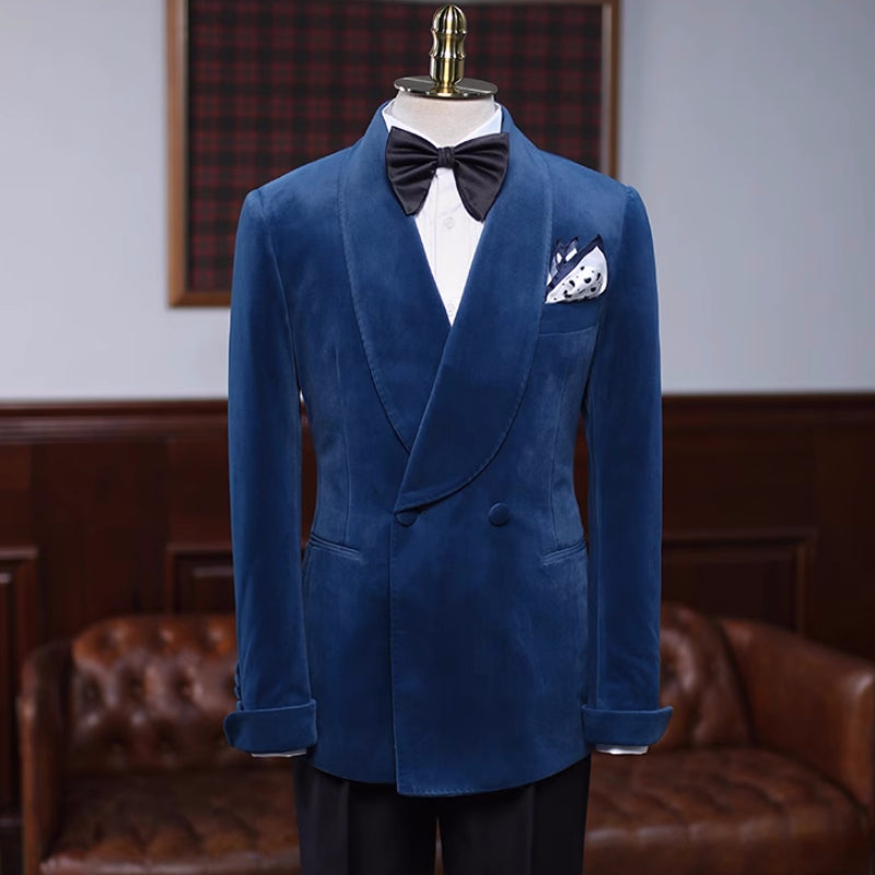 Charming Navy Blue Shawl Lapel Double Breasted Velvet Wedding Suit