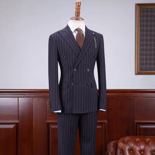 Special Navy Blue Striped Peaked Lapel Double Breasted Business Suit