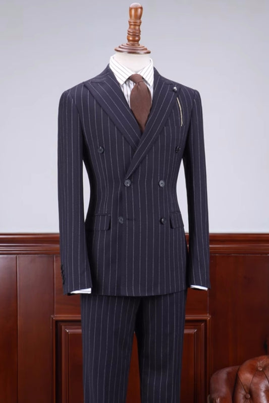 Special Navy Blue Striped Peaked Lapel Double Breasted Business Suit