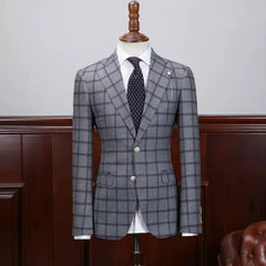 Gray Plaid Notched Lapel Business Suit for Men