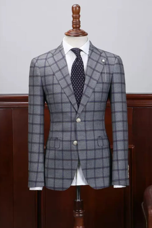 Gray Plaid Notched Lapel Business Suit for Men