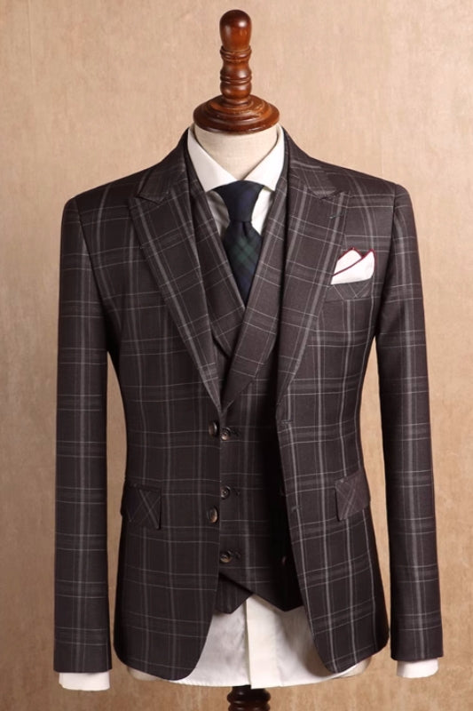 Coffee Plaid Three-Piece Peaked Lapel Prom Suit