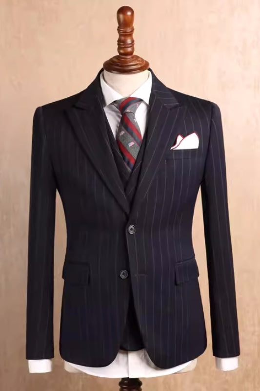 Black Striped Peaked Lapel Three-Piece Business Suit