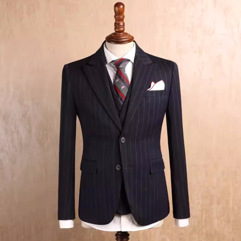 Black Striped Peaked Lapel Three-Piece Business Suit