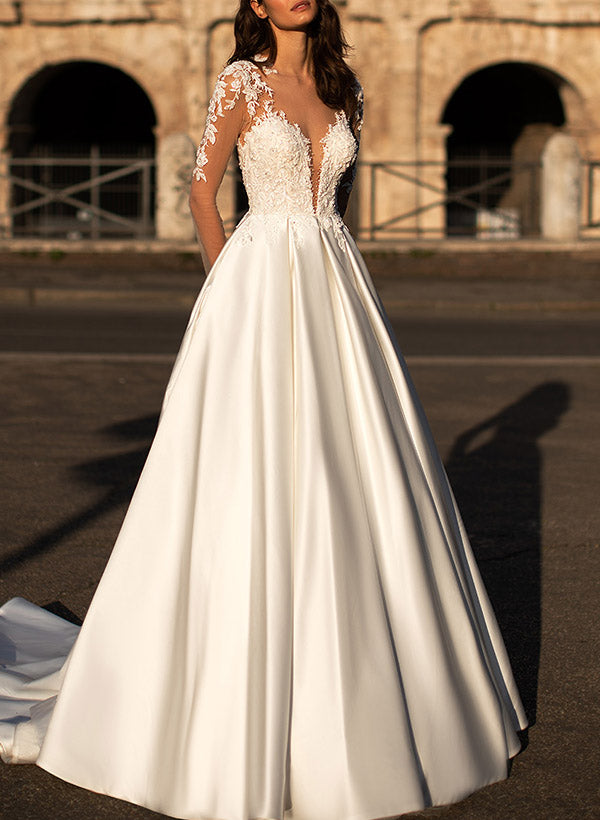 V-Neck Long Sleeves Satin Wedding Dresses With Appliques Lace