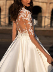 V-Neck Long Sleeves Satin Wedding Dresses With Appliques Lace