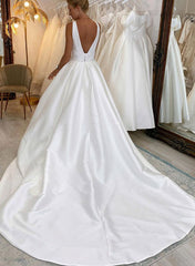 Satin A-Line Wedding Dress with V-Neck Sleeveless Design Sweep Train and High Split