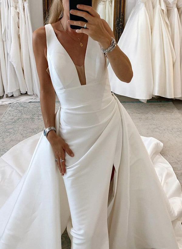 Satin A-Line Wedding Dress with V-Neck Sleeveless Design Sweep Train and High Split