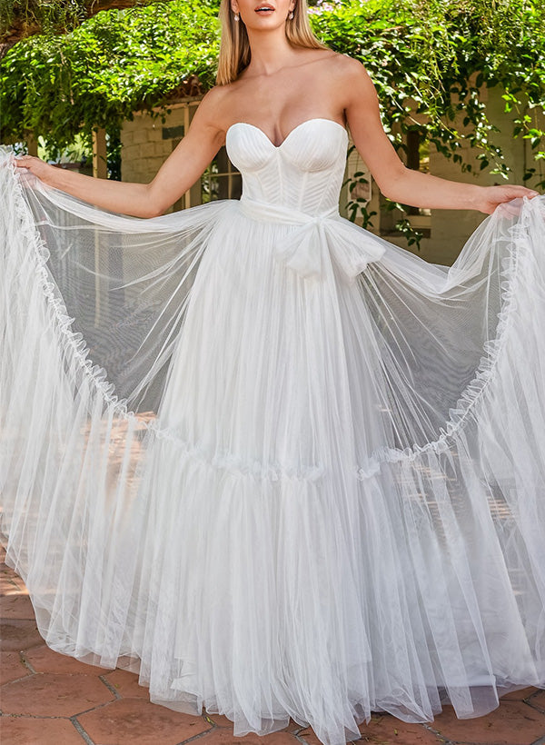 Sweetheart Sleeveless Sweep Train Tulle Wedding Dresses