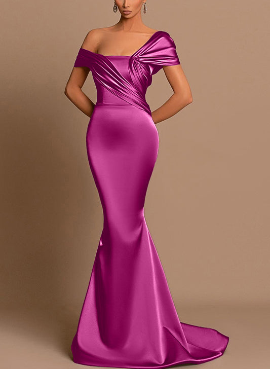 Asymmetrical short sleeves silk like satin bridesmaid dresses - trumpet/mermaid style