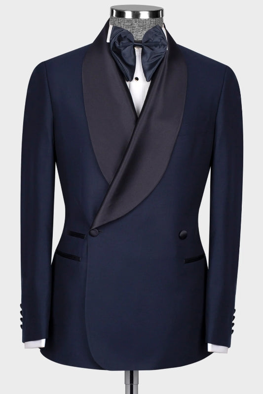 Chic Navy Blue Shawl Lapel Double Breasted Wedding Suit