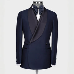 Chic Navy Blue Shawl Lapel Double Breasted Wedding Suit