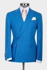 Generous Blue Striped Peaked Lapel Bespoke Prom Suit