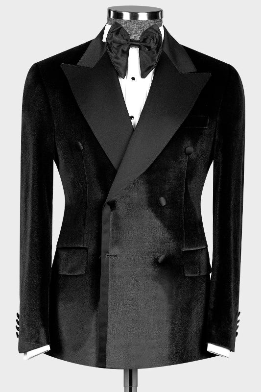 Mind Black Peaked Lapel Double Breasted Velvet Prom Suit