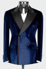 New Arrival Navy Blue Peaked Lapel Double Breasted Velvet Prom Suit