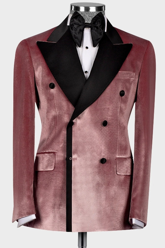 Newest Dusty Pink Peaked Lapel Double Breasted Velvet Prom Suit