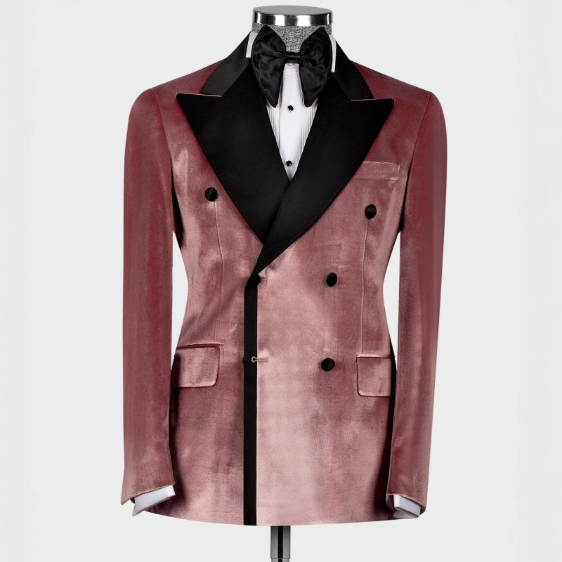 Newest Dusty Pink Peaked Lapel Double Breasted Velvet Prom Suit