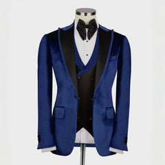 Navy Blue Three-Piece Velvet Peaked Lapel Prom Suit