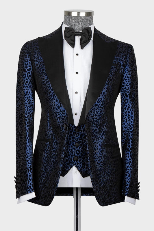 Fashion Navy Blue Jacquard Peaked Lapel 3-Piece Prom Suit