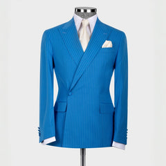 Generous Blue Striped Peaked Lapel Bespoke Prom Suit