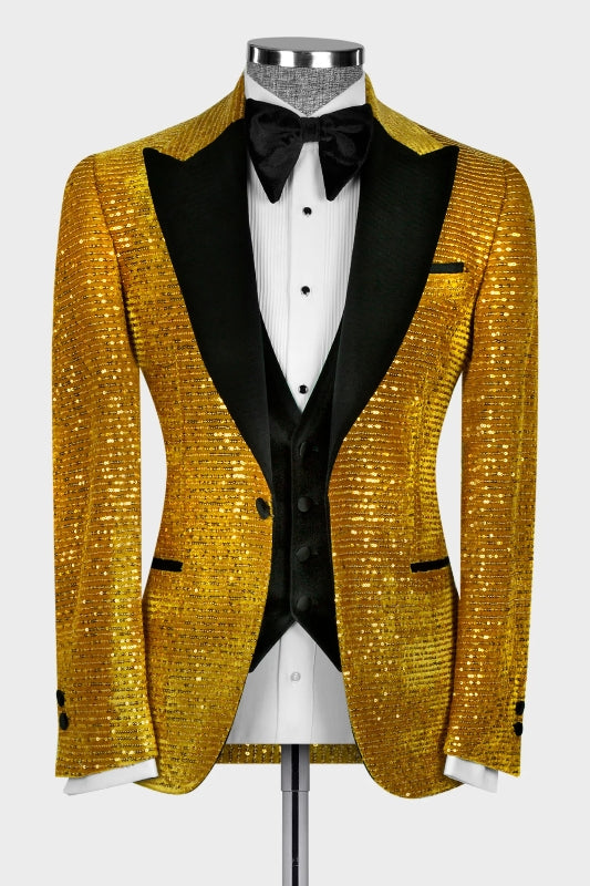 Gold Sequin Three-Piece Peaked Lapel Prom Suit