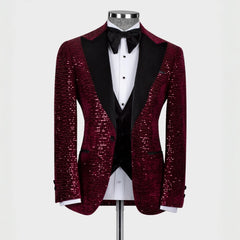 Generous Burgundy Peaked Lapel 3-Piece Sequins Prom Suit