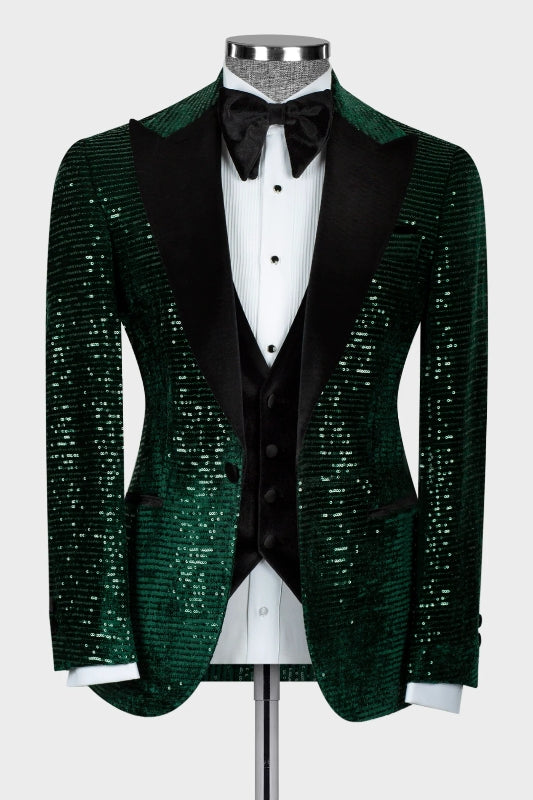 Dark Green Sequins Peaked Lapel Three-Piece Prom Suit