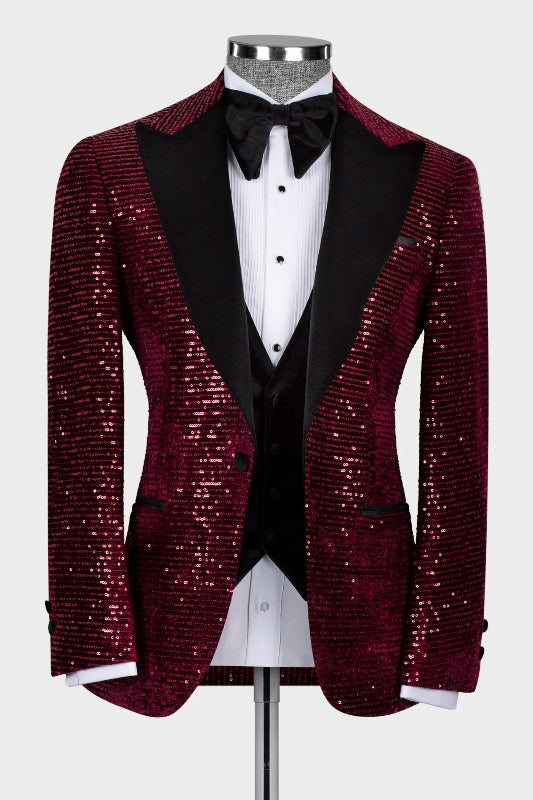 Generous Burgundy Peaked Lapel 3-Piece Sequins Prom Suit