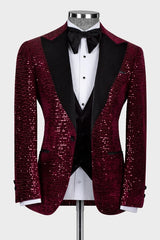 Generous Burgundy Peaked Lapel 3-Piece Sequins Prom Suit