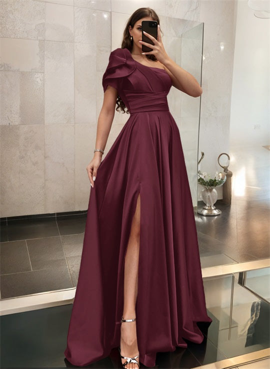 One-Shoulder A-Line Satin Bridesmaid Dress with Ruffle Short Sleeves Sweep Train