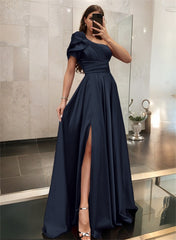 One-Shoulder A-Line Satin Bridesmaid Dress with Ruffle Short Sleeves Sweep Train