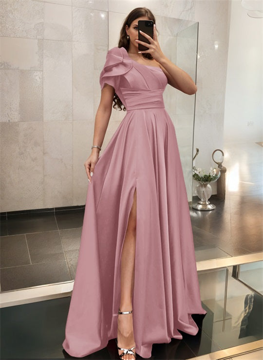 One-Shoulder A-Line Satin Bridesmaid Dress with Ruffle Short Sleeves Sweep Train