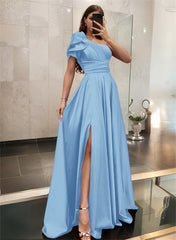 One-Shoulder A-Line Satin Bridesmaid Dress with Ruffle Short Sleeves Sweep Train