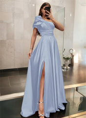 One-Shoulder A-Line Satin Bridesmaid Dress with Ruffle Short Sleeves Sweep Train