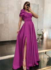 One-Shoulder A-Line Satin Bridesmaid Dress with Ruffle Short Sleeves Sweep Train