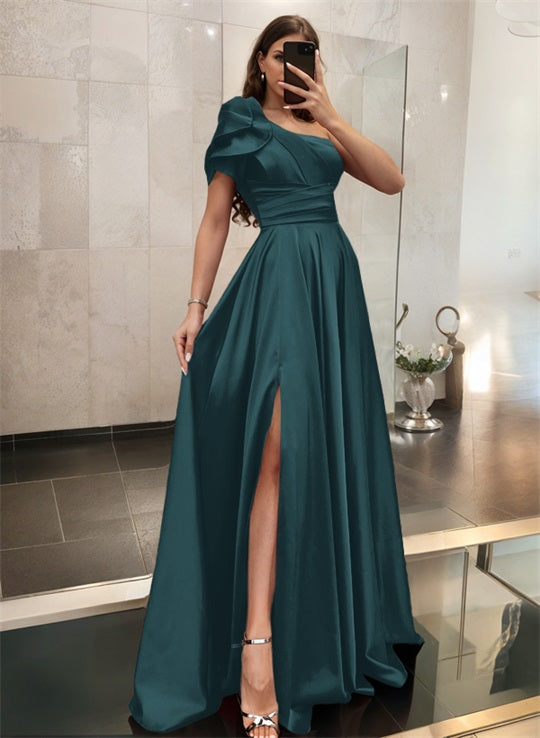 One-Shoulder A-Line Satin Bridesmaid Dress with Ruffle Short Sleeves Sweep Train