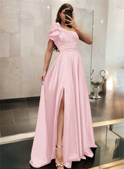 One-Shoulder A-Line Satin Bridesmaid Dress with Ruffle Short Sleeves Sweep Train