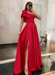 One-Shoulder A-Line Satin Bridesmaid Dress with Ruffle Short Sleeves Sweep Train