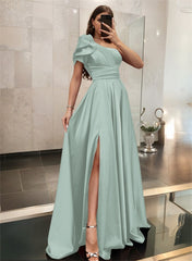 One-Shoulder A-Line Satin Bridesmaid Dress with Ruffle Short Sleeves Sweep Train