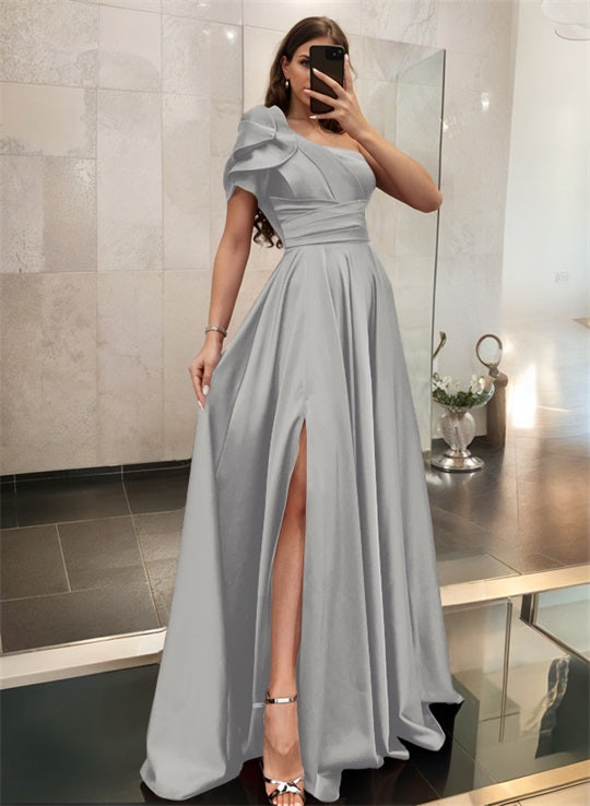 One-Shoulder A-Line Satin Bridesmaid Dress with Ruffle Short Sleeves Sweep Train