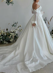 Sweetheart Long Sleeves Silk Like Satin Wedding Dress With Beading