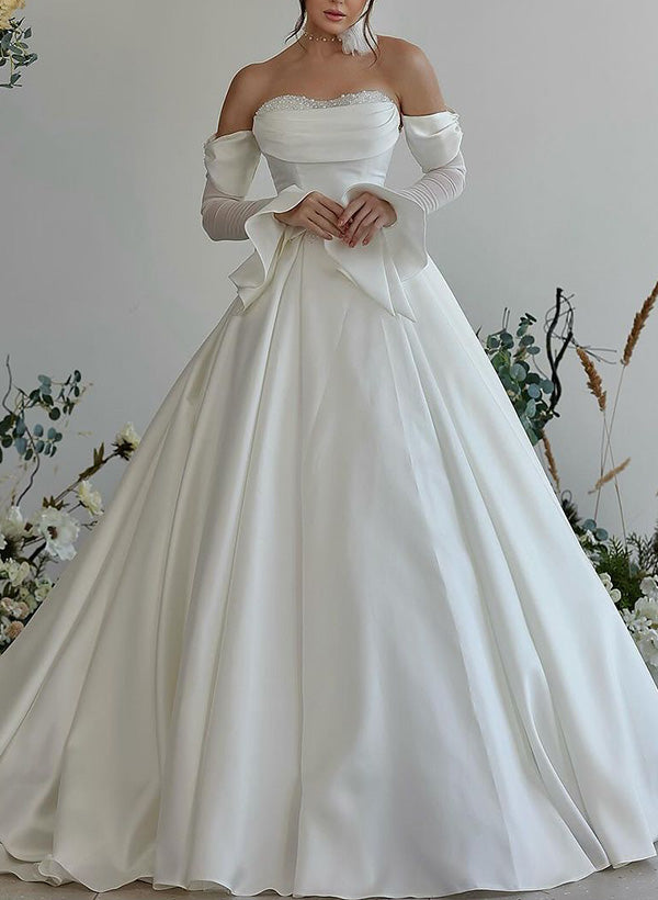 Sweetheart Long Sleeves Silk Like Satin Wedding Dress With Beading