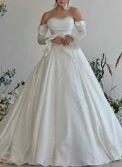 Sweetheart Long Sleeves Silk Like Satin Wedding Dress With Beading